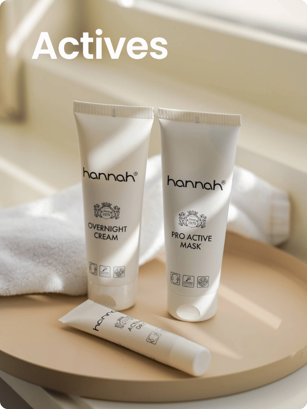 hannah actives huidverzorgingsproducten waaronder overnight cream en pro active mask op een schaal