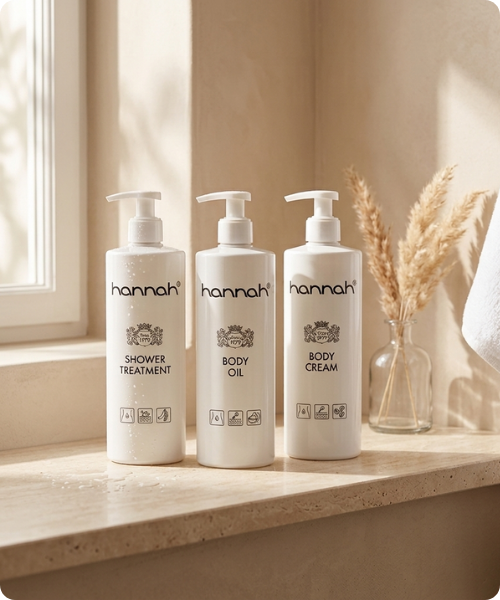 sfeerbeeld van hannah shower treatment body oil en body cream flessen op een natuurstenen planchet in een badkamer