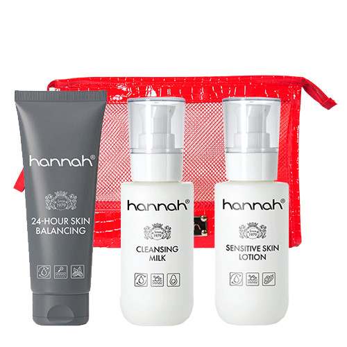 hannah Huidverzorgingsset Small met drie essentiële producten: 24-Hour Skin Balancing crème, Cleansing Milk en Sensitive Skin Lotion voor een rode croco-toilettas.