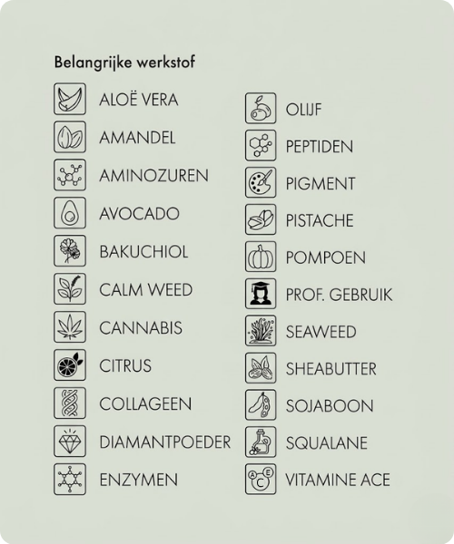 Een uitgebreid overzicht van belangrijke werkstoffen in hannah producten, weergegeven met iconen en namen zoals aloë vera, collageen, bakuchiol, vitamine ACE en diamantpoeder.