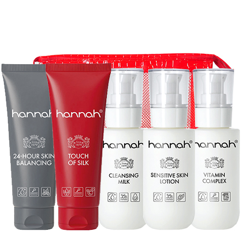 Complete hannah Huidverzorgingsset Large in een rode croco-toilettas met 24-Hour Skin Balancing, Touch of Silk, Cleansing Milk, Sensitive Skin Lotion en Vitamin Complex.