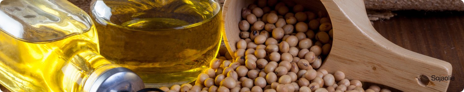 Glazen flessen gevuld met heldere sojaolie naast een houten schep met gedroogde sojabonen.