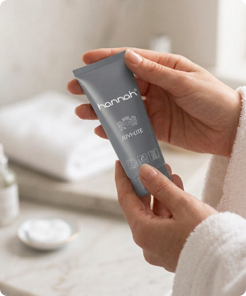 handen die hannah juvi lite anti aging crème vasthouden
