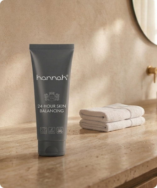 Een hannah tube met de tekst 24 hour skin balancing in een badkamer
