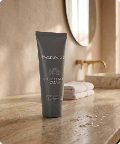 Een hannah tube met de tekst cell recovery cream in een badkamer