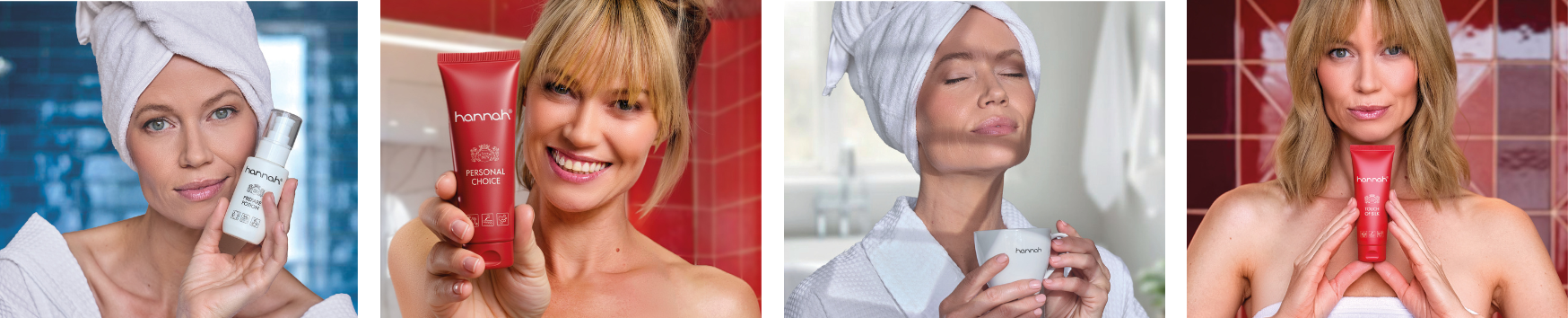 Vier sfeerbeelden van een vrouw in een witte badjas die verschillende hannah producten in rode en witte verpakkingen presenteert, waaronder de Personal Choice.