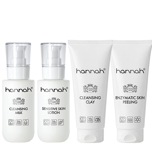 Complete hannah Super Huidreinigingsset met vier producten: Cleansing Milk, Sensitive Skin Lotion, Cleansing Clay en Enzymatic Skin Peeling.