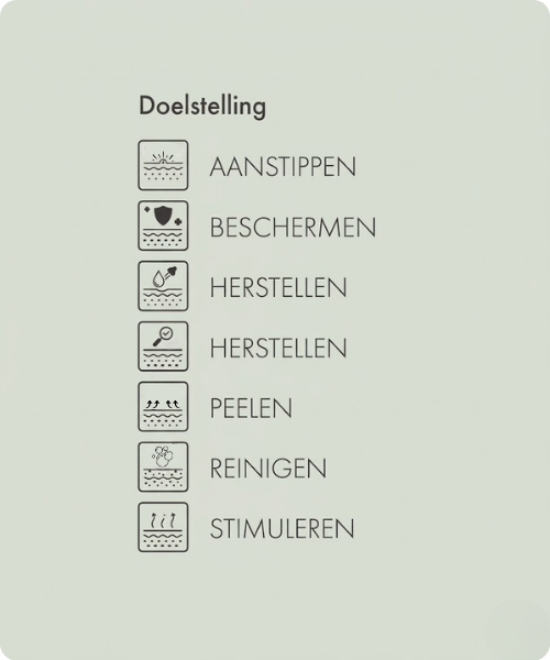 Een overzicht van hannah huidverzorgingsdoelstellingen met iconen en tekst voor aanstippen, beschermen, herstellen, peelen, reinigen en stimuleren.