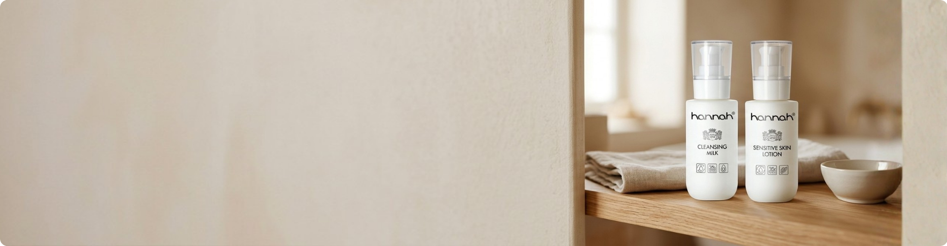 Twee witte pompflacons van hannah huidverzorging, de Cleansing Milk en Sensitive Skin Lotion, staan op een houten plank naast een opgevouwen handdoek in een rustige badkameromgeving met beige tinten.