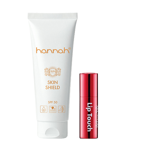 hannah Skin Shield SPF50 zonbescherming met hannah Lip Touch voor volledige verzorging en bescherming.