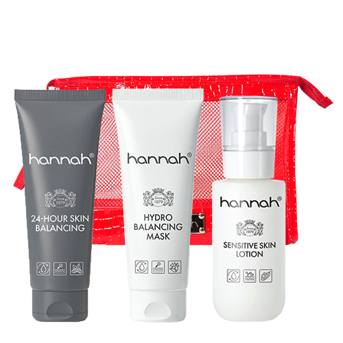 hannah Kennismakingsset met 24-Hour Skin Balancing, Hydro Balancing Mask en Sensitive Skin Lotion in een luxe rode toilettas.