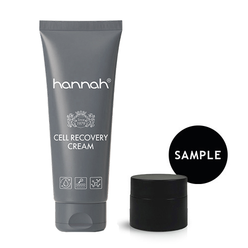 grijze flacon cell recovery cream  van hannah met zwart sample doosje op een witte achtergrond