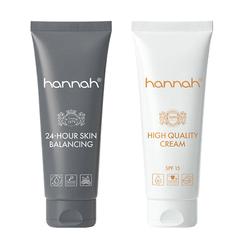 Een duo-verpakking van hannah met de grijze 24-hour skin balancing crème en de witte high quality cream voorzien van spf 15.