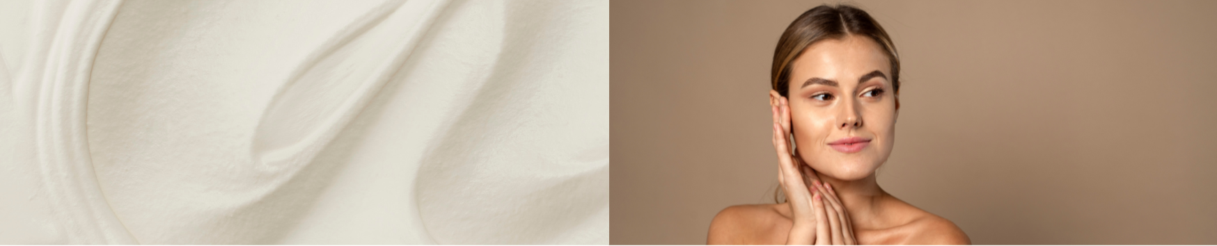 Een blogbanner met aan de linkerkant een close-up van een witte, romige huidverzorgingstekstuur en aan de rechterkant een vrouw met een stralende huid tegen een beige achtergrond.
