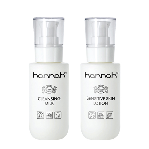 hannah Cleansing Oil en hannah Sensitive Skin Lotion voor een milde, effectieve dubbele reiniging van het gezicht.